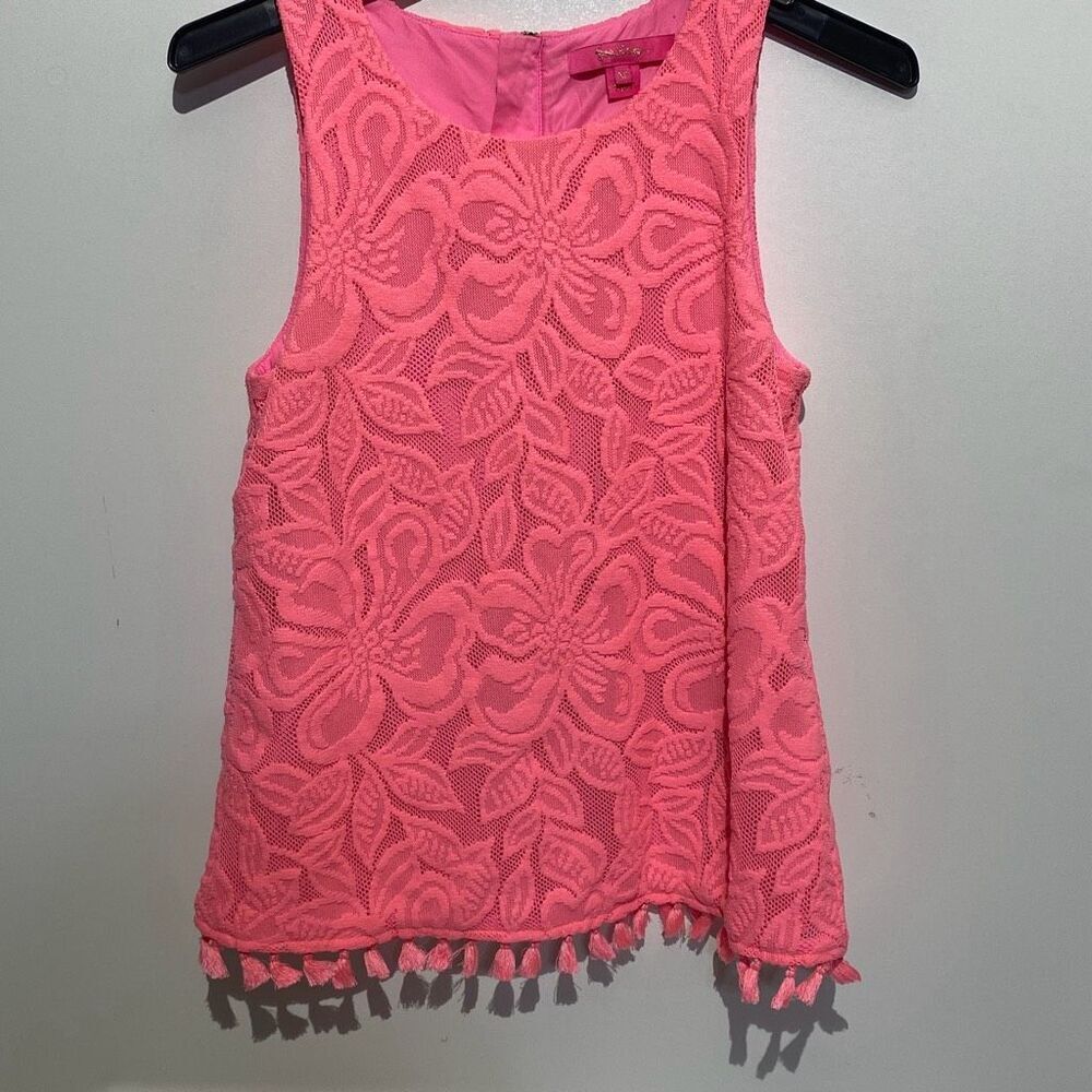 Lilly Pulitzer Pink Floral Lace Tassel Hem‎ Sleeveless Top XS Back Zip Blouse